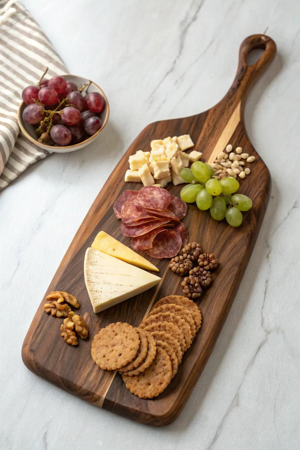 Classic meat and cheese snack board on a handcrafted hardwood board with a crisp juice groove.