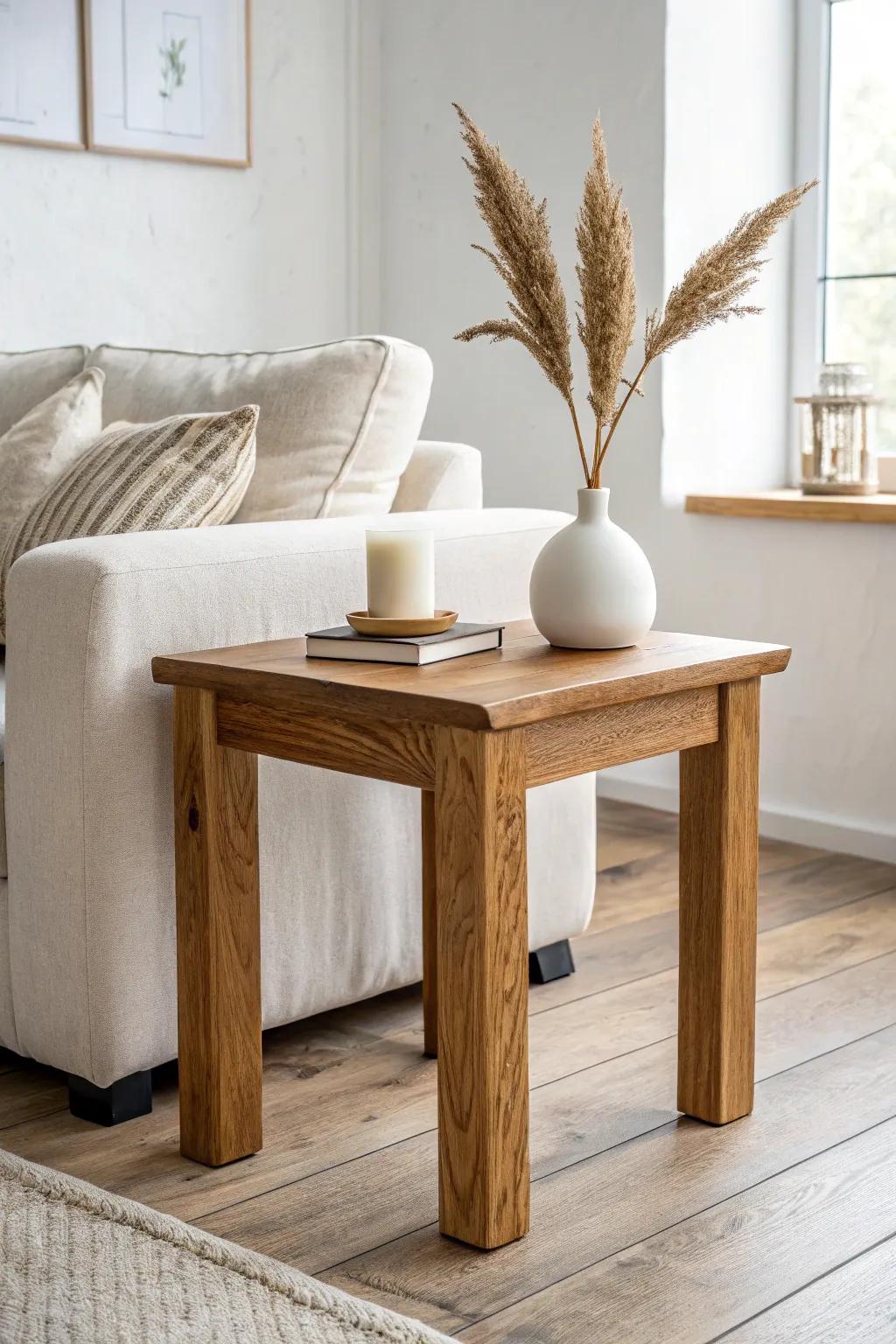 A timeless chunky-top oak end table—clean lines, warm grain, perfect beside any sofa.