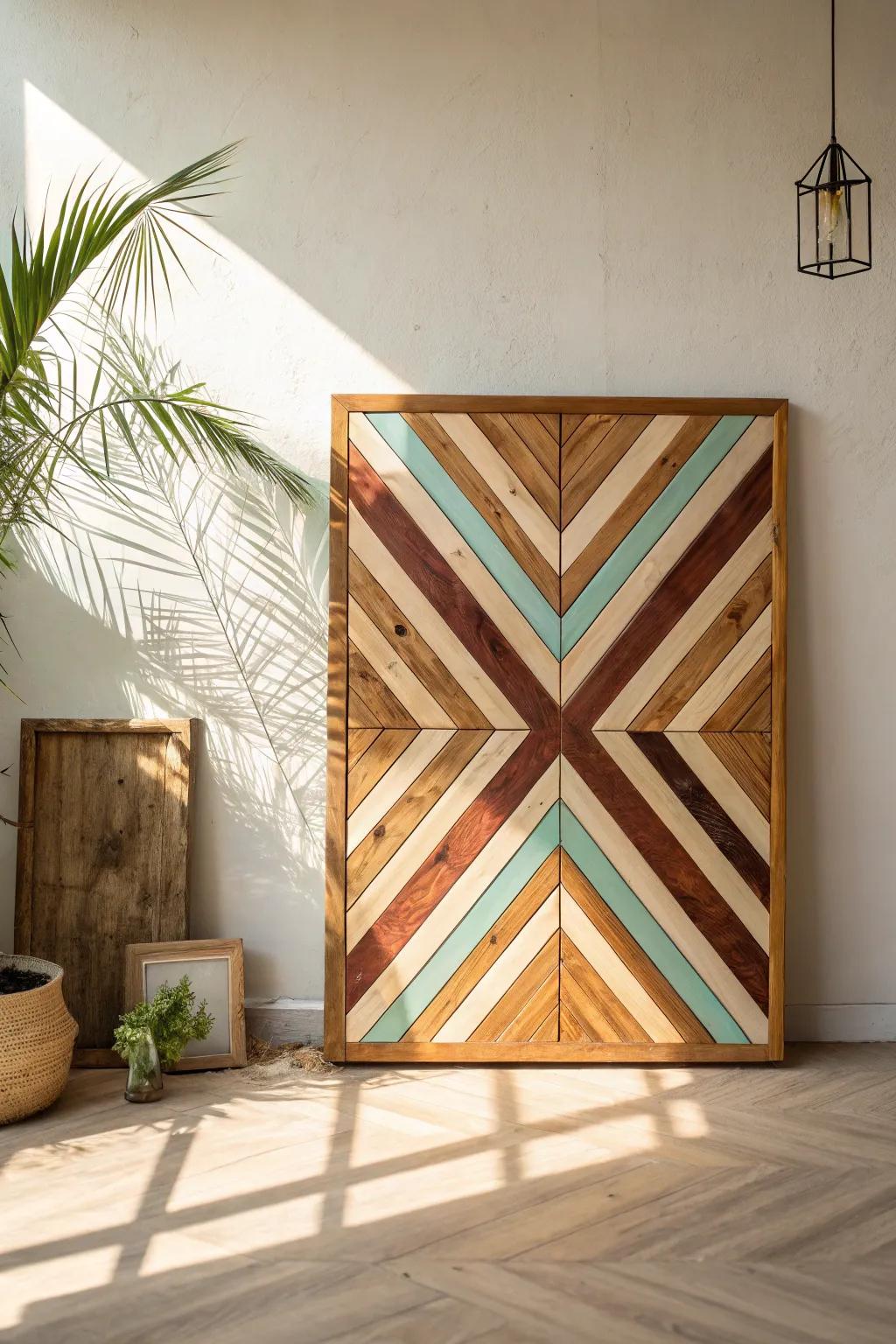 Geometric wood slat panel in desert tones with a turquoise pop—simple, bold Southwest charm.