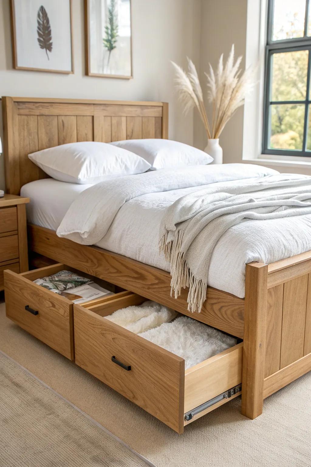 Handcrafted oak drawer bed: deep, smooth-glide storage that replaces a dresser beautifully.