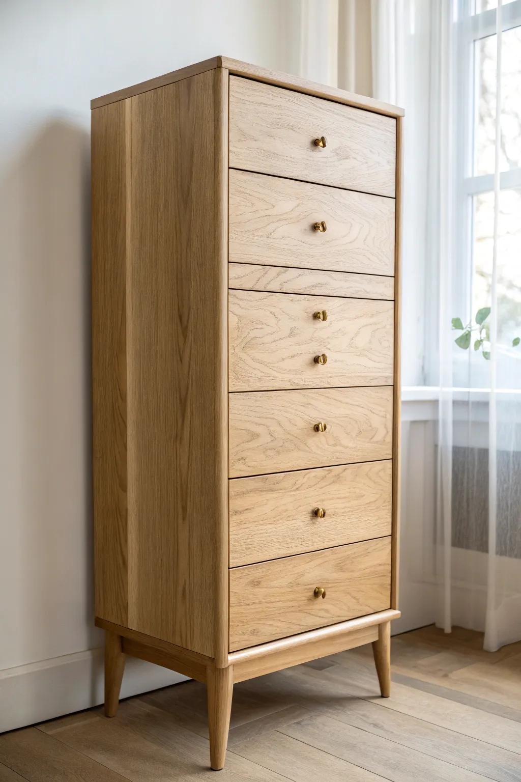 A tall, slim oak dresser that saves floor space while adding warm, minimalist style.