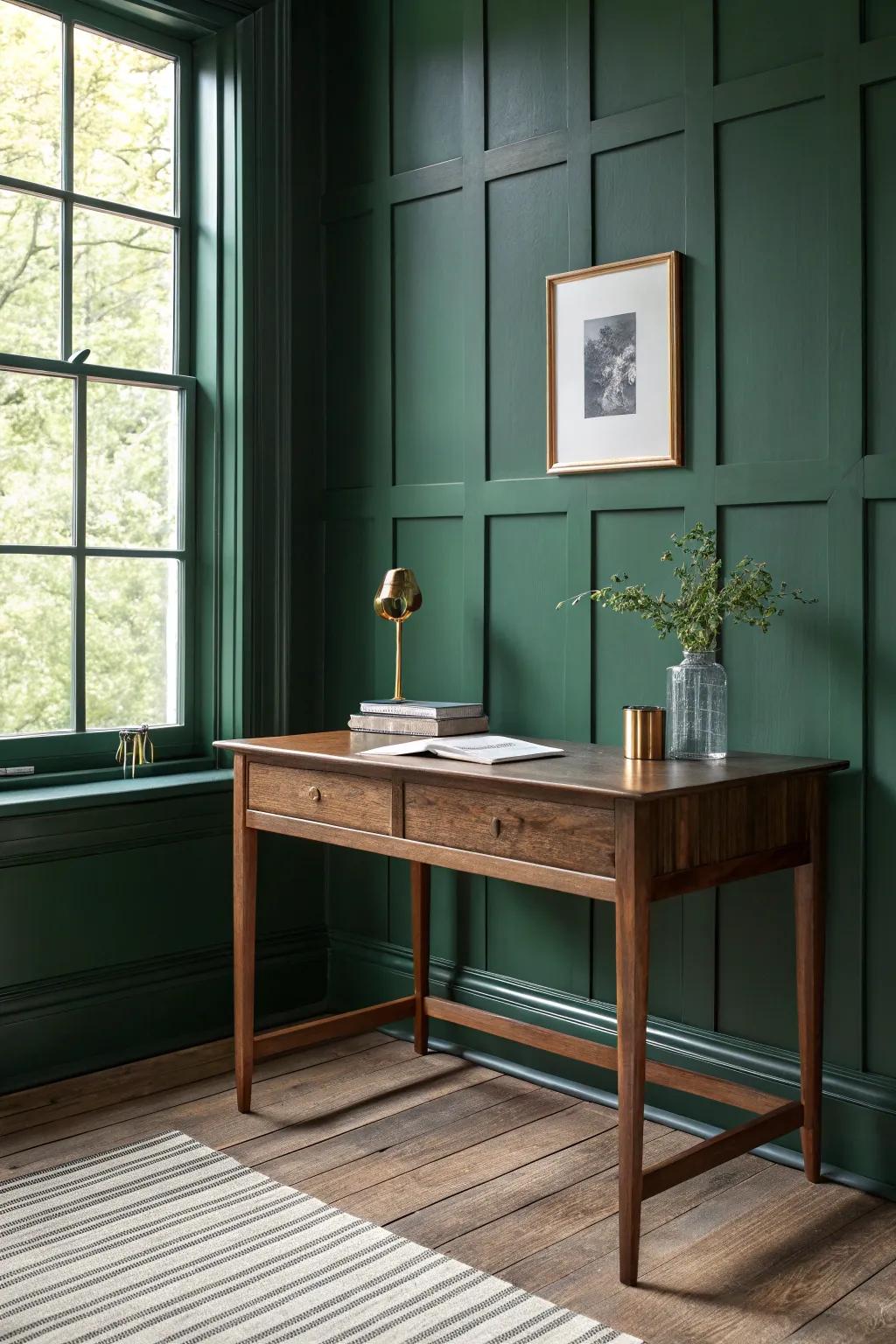Moody paint with warm wood trim turns a simple walnut desk into a modern speakeasy nook.