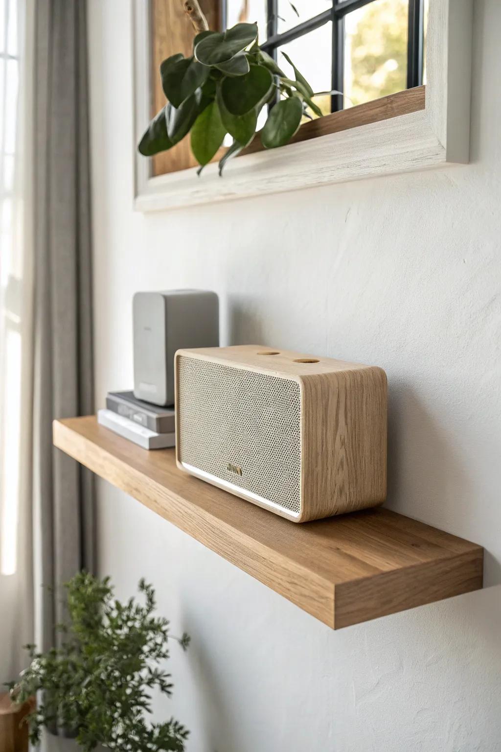 Simple floating speaker shelf with hidden brackets—clean lines, warm oak, and airy contrast.