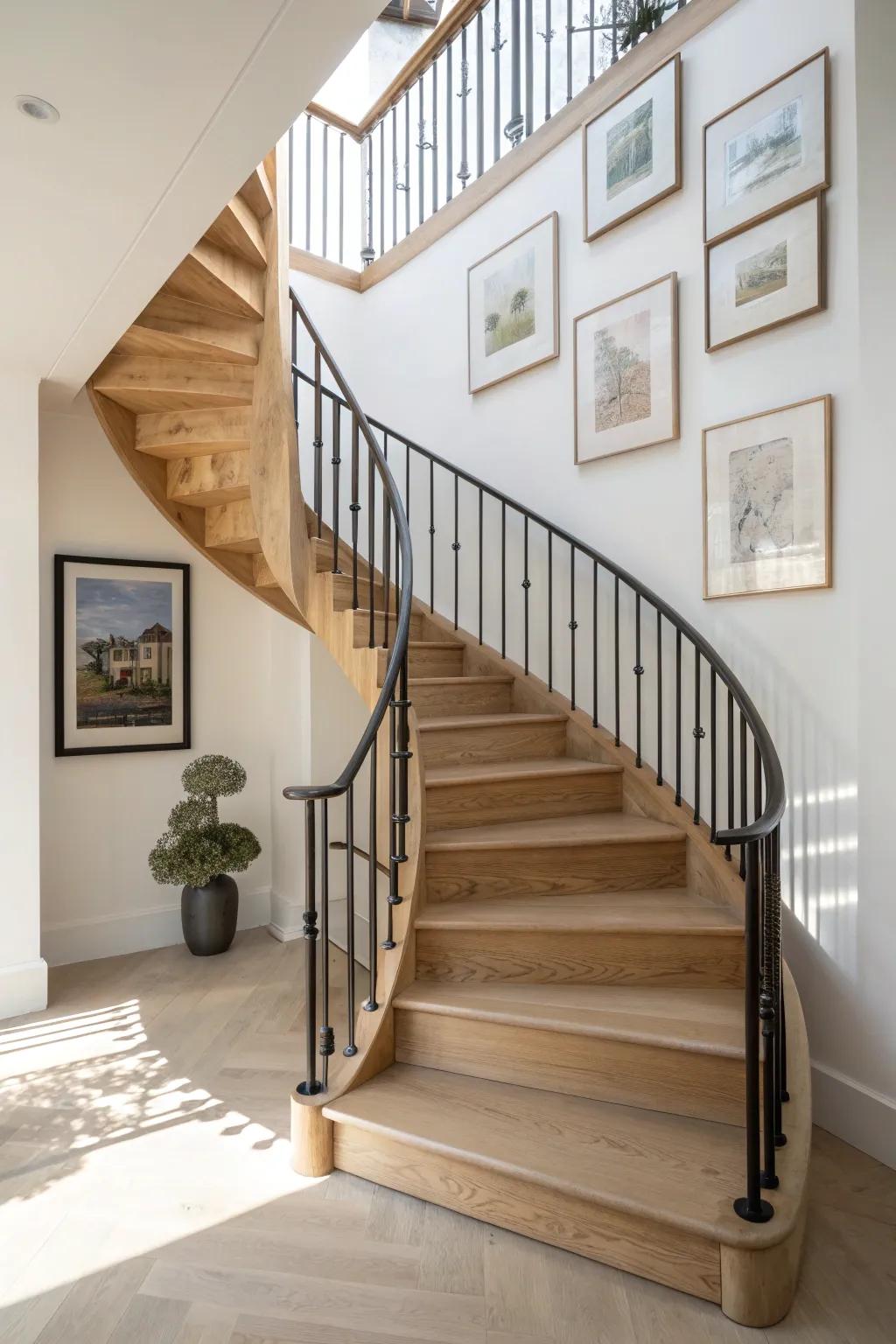 Let your gallery wall climb the spiral—frames tracing the curve for a clean, curated look.