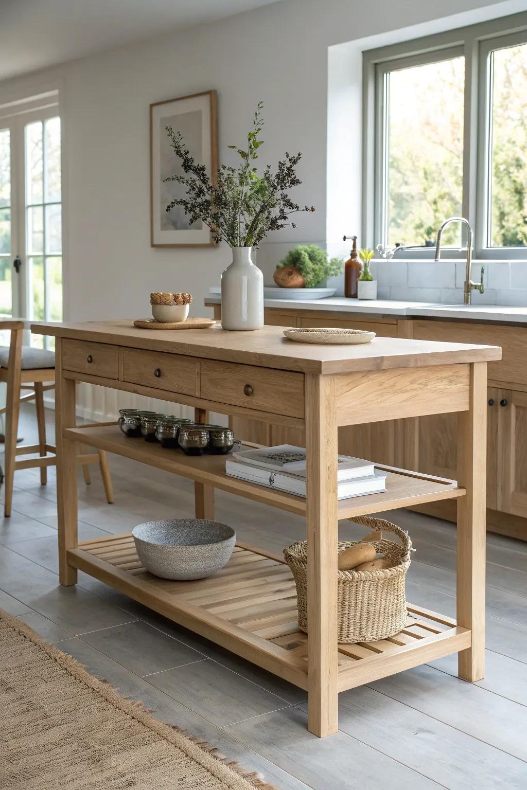 Split-level island with a table-height extension—real dining comfort, zero extra footprint.