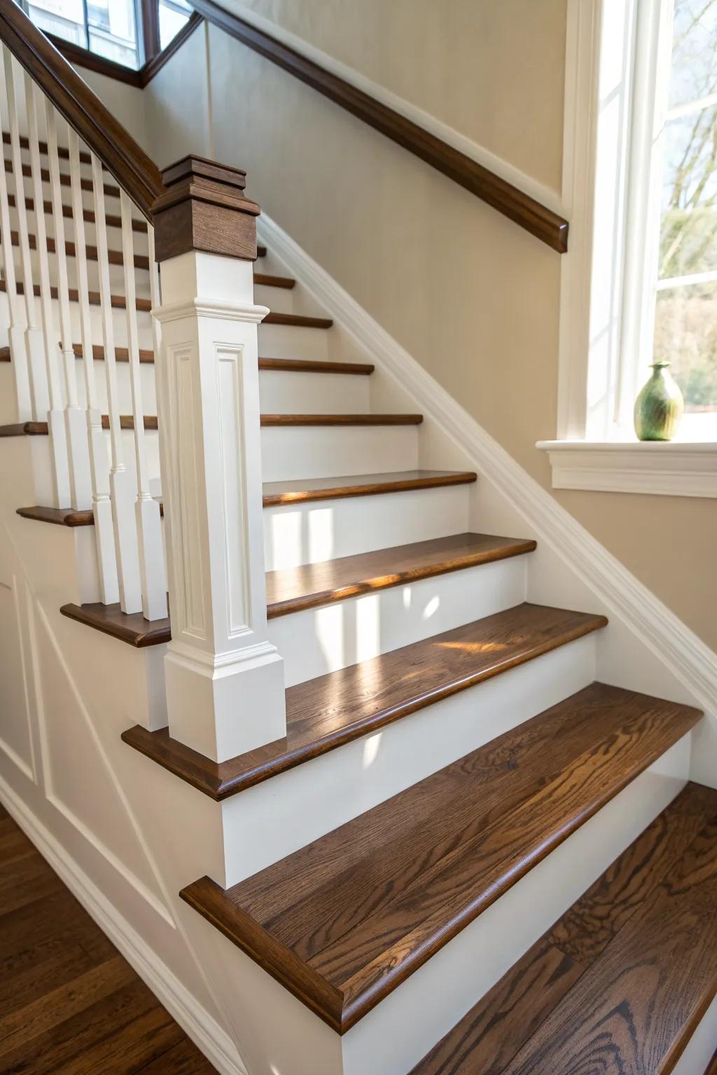 Classic two-tone stairs: rich stained treads with crisp white risers for a bright entry.