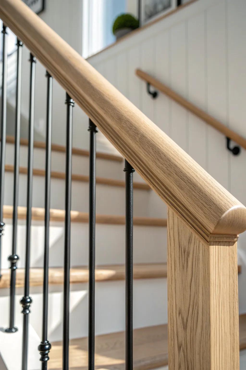 Light oak handrail + slim black balusters for a clean, classic stair look with contrast.