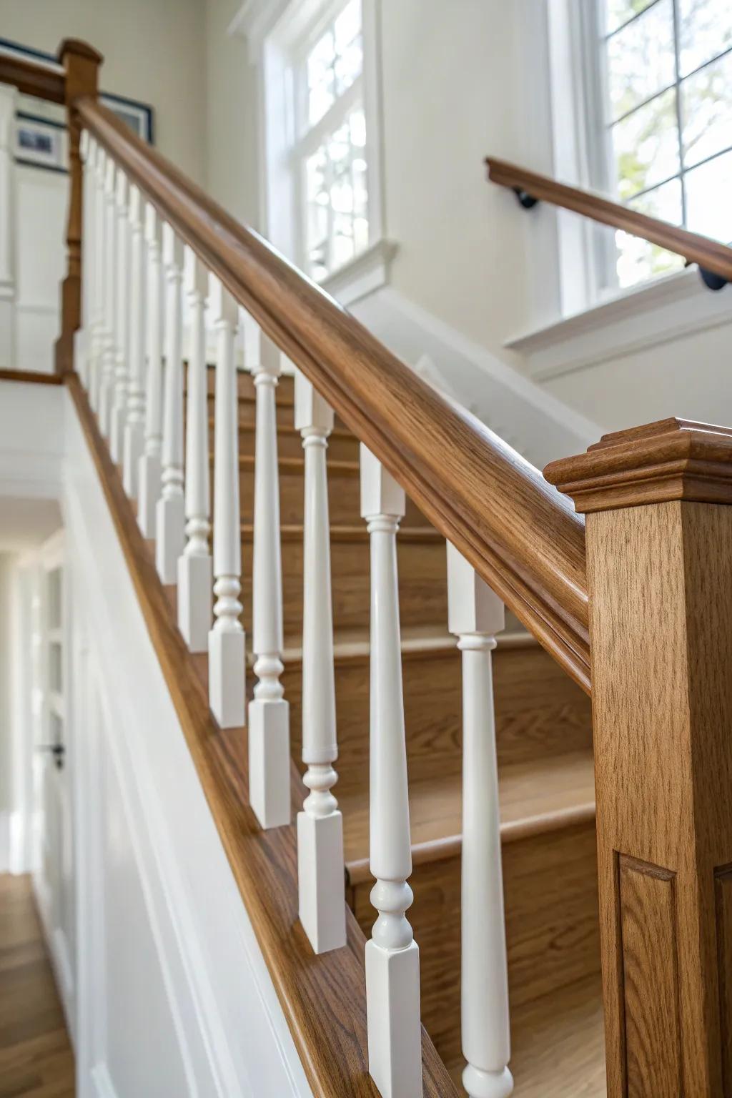 Timeless warmth: satin-finish wood rail paired with crisp white spindles for a classic look.