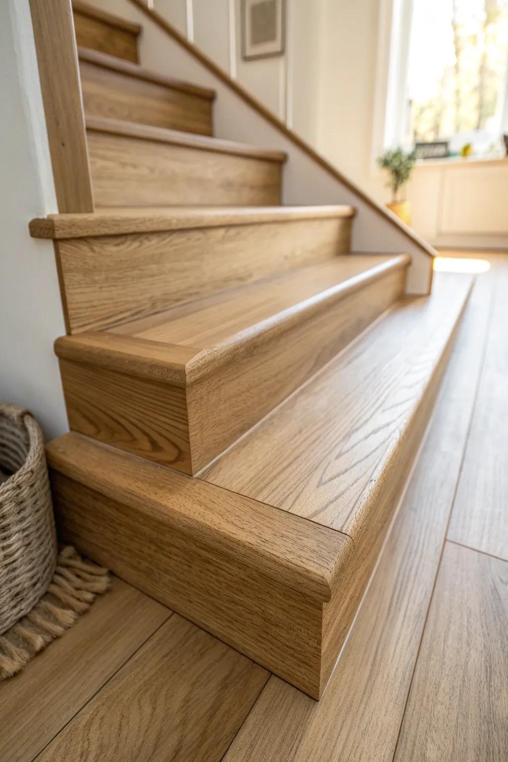 A perfectly matched oak stair nose blends into the floor for a seamless, crafted finish.