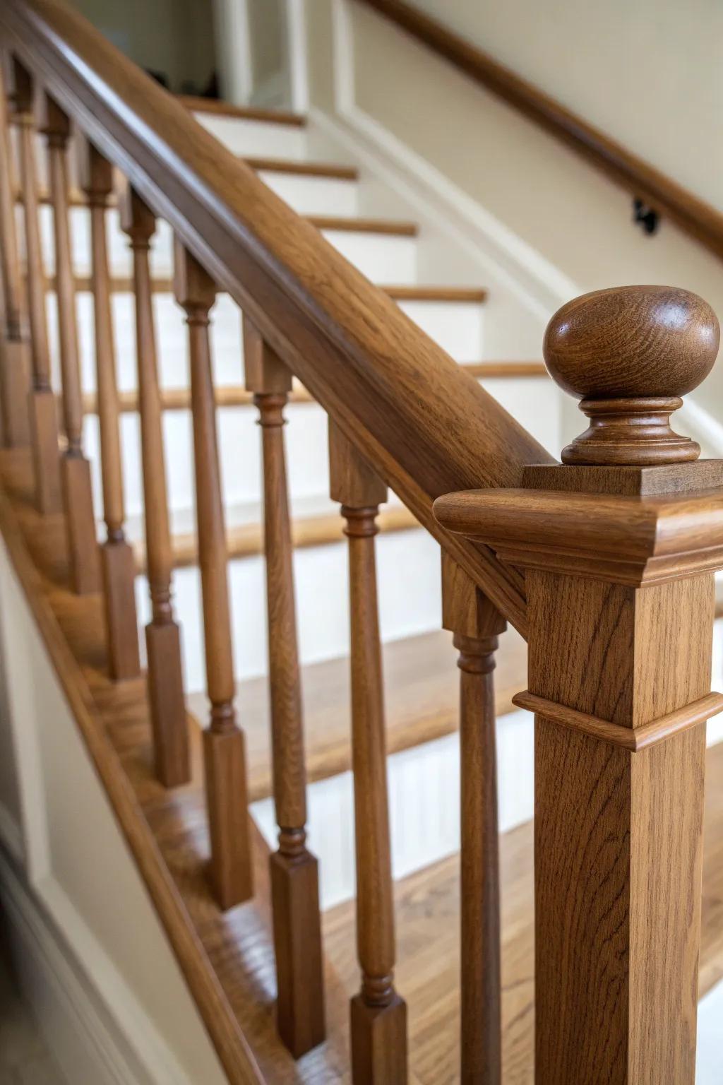 Timeless stair update: classic wood balusters paired with a rich, durable stained handrail.