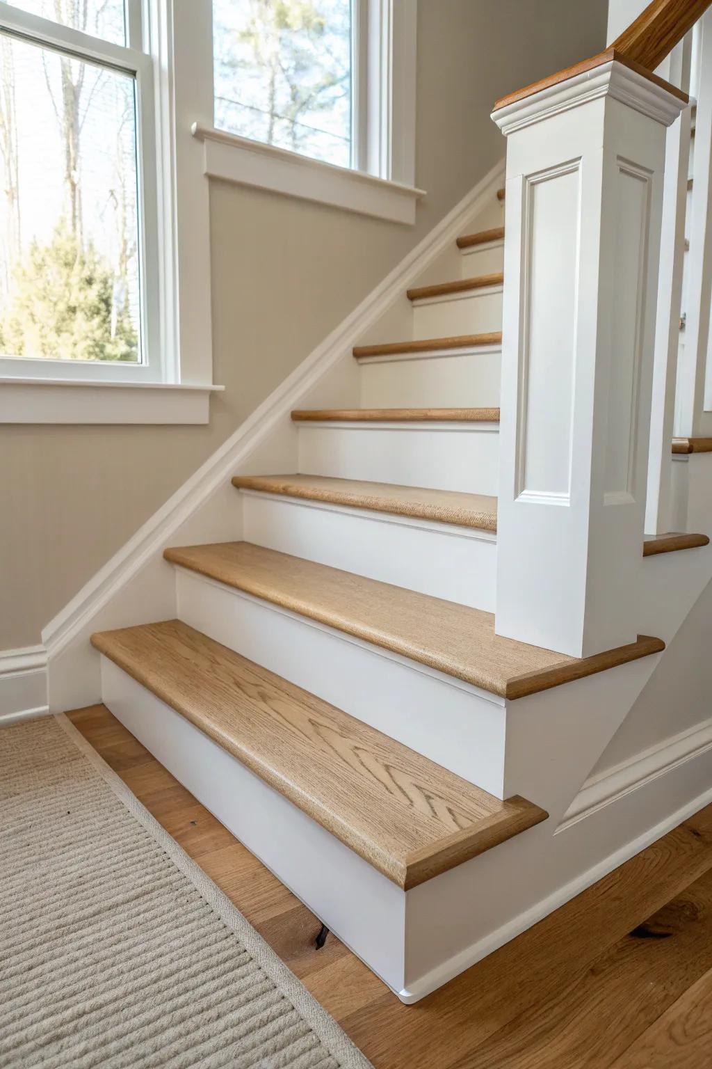 Classic stair skirt board upgrade for a clean built-in look—crisp trim and hidden drywall edges.