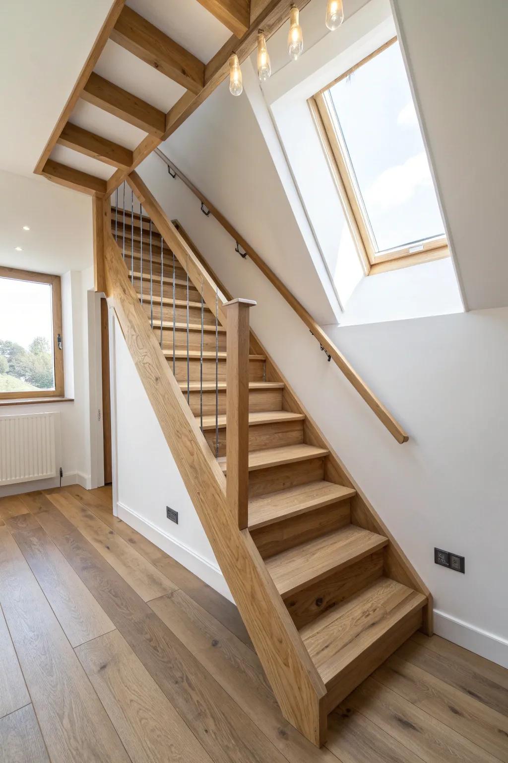 Clean straight-run loft stairs with chunky oak treads—Scandi minimal warmth, made to last.