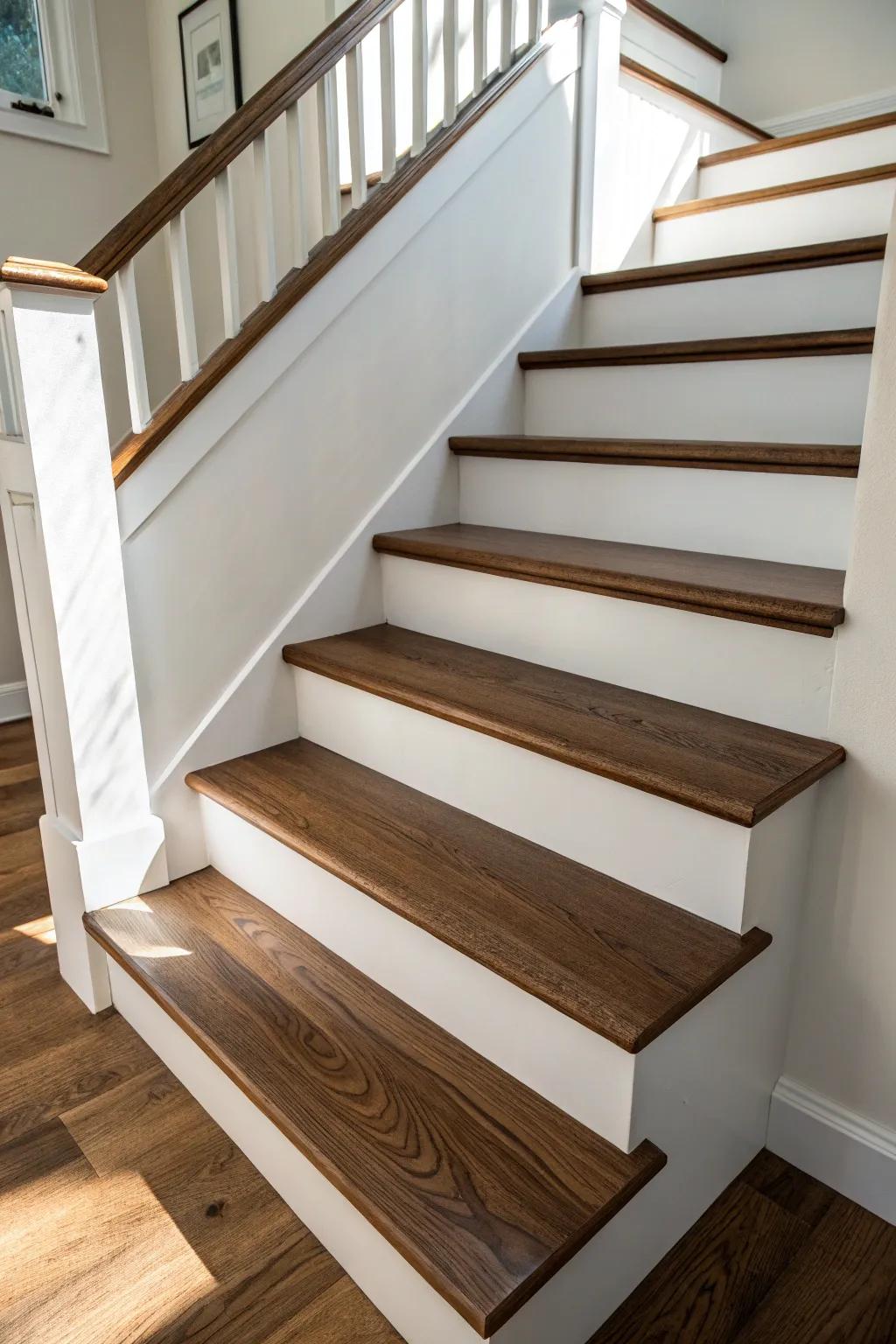 Dark wood treads + crisp white risers: the high-contrast stair refresh that hides scuffs beautifully.