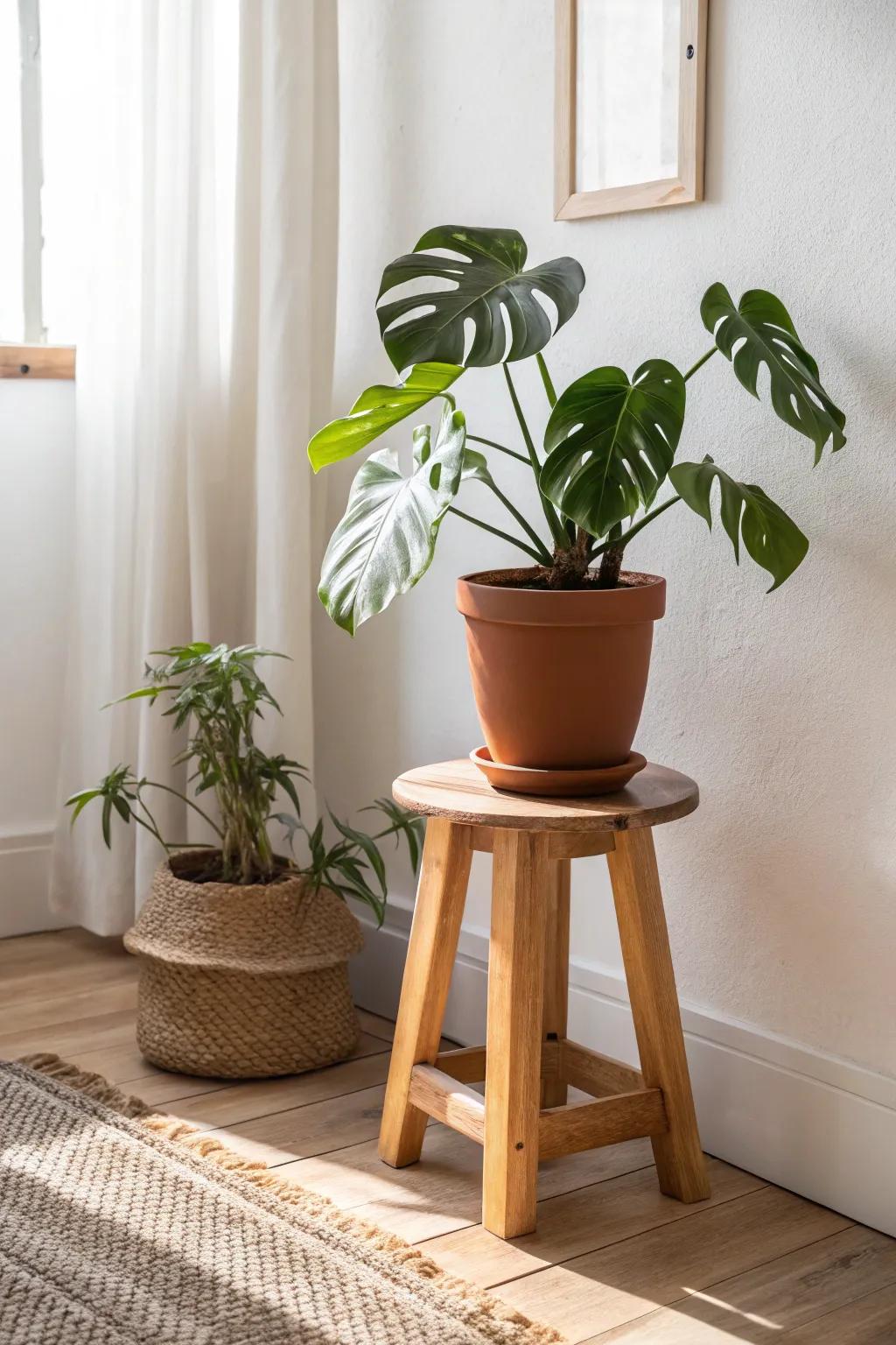 Turn a simple wood stool into a chic plant stand for an intentional, airy corner.