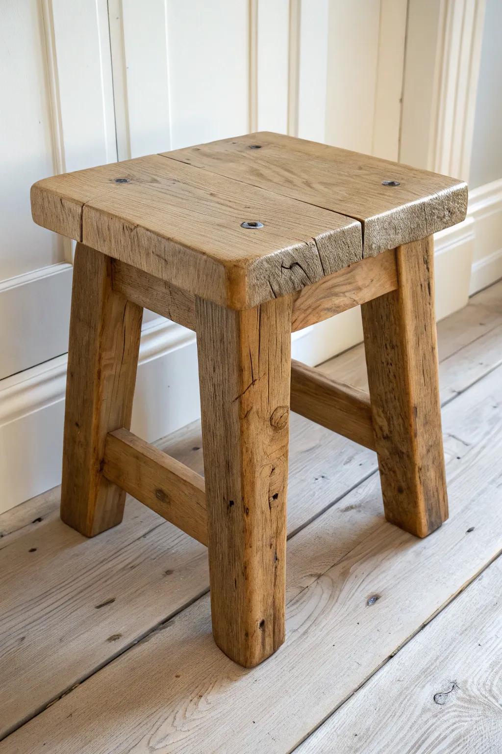 Classic farmhouse stool in reclaimed wood—chunky legs, thick top, and timeless patina.