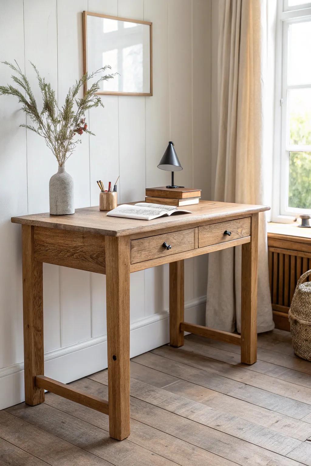 Classic farmhouse study desk in warm wood tones—simple lines, rich grain, cozy study vibes.