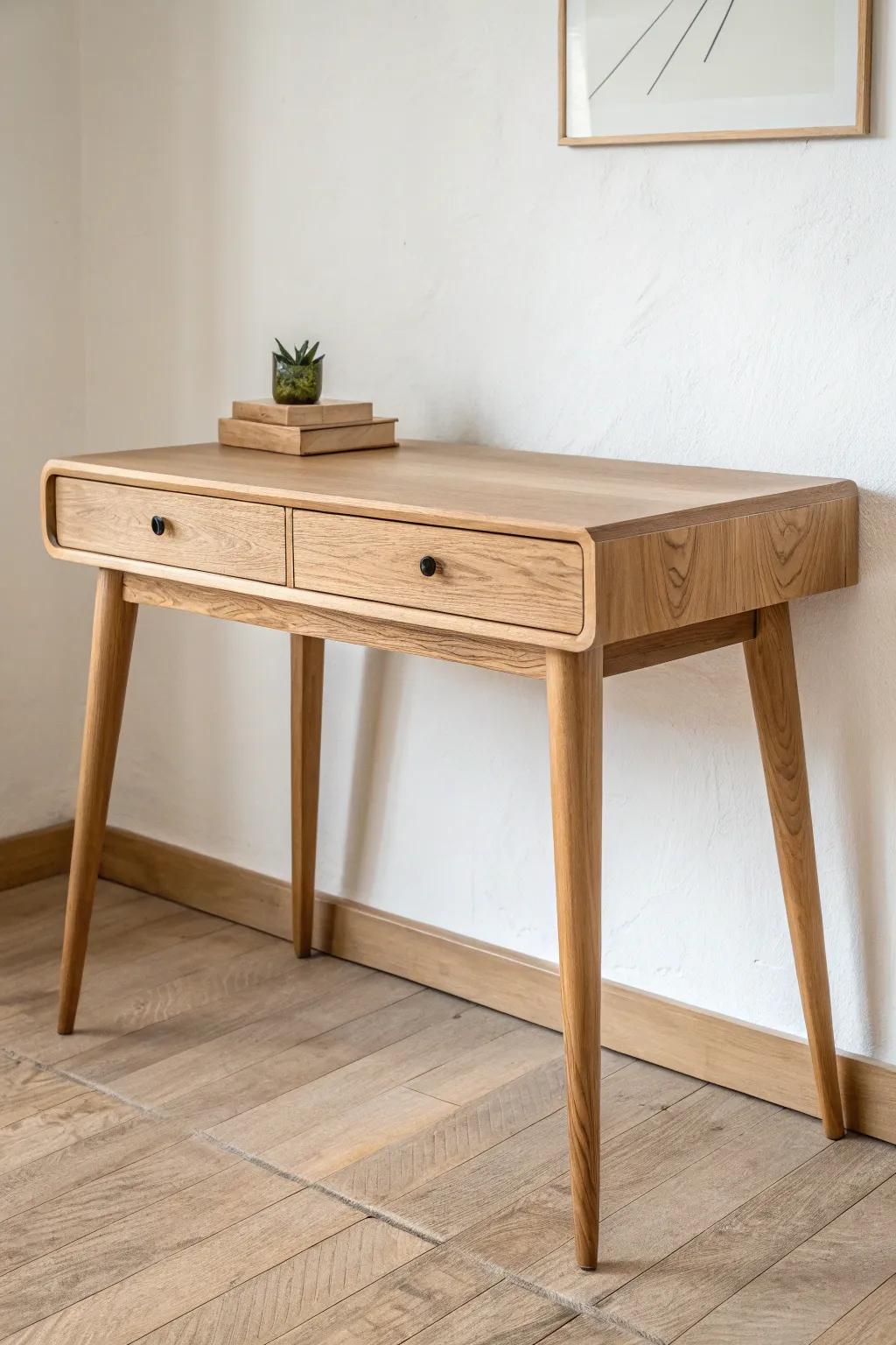 Clean oak study table with deep drawers—minimalist lines, warm grain, clutter-free focus.