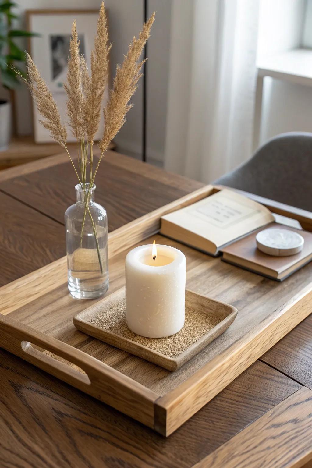 Style your tabletop in seconds: a wood tray + three curated pieces with airy, calm spacing.