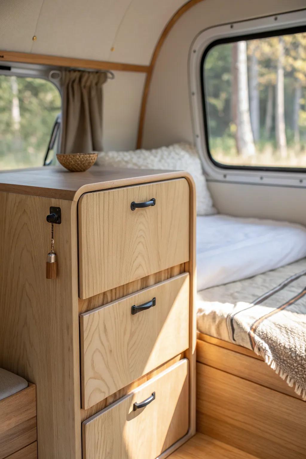 Light birch plywood paneling keeps a teardrop camper interior bright, calm, and spacious.