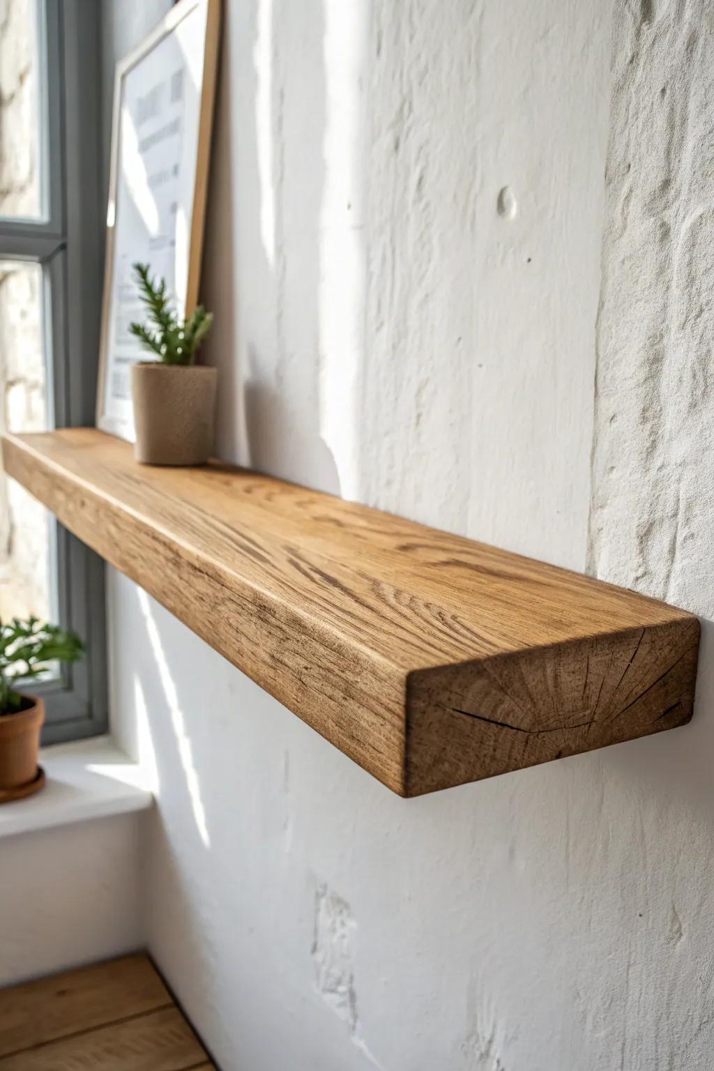 A simple oak floating shelf—clean lines, beautiful grain, and a truly “floating” shadow.