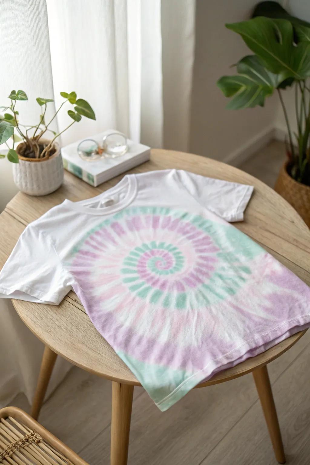 Embrace the timeless charm of the classic spiral tie-dye in soft pastels, perfect for the minimalist at heart.
