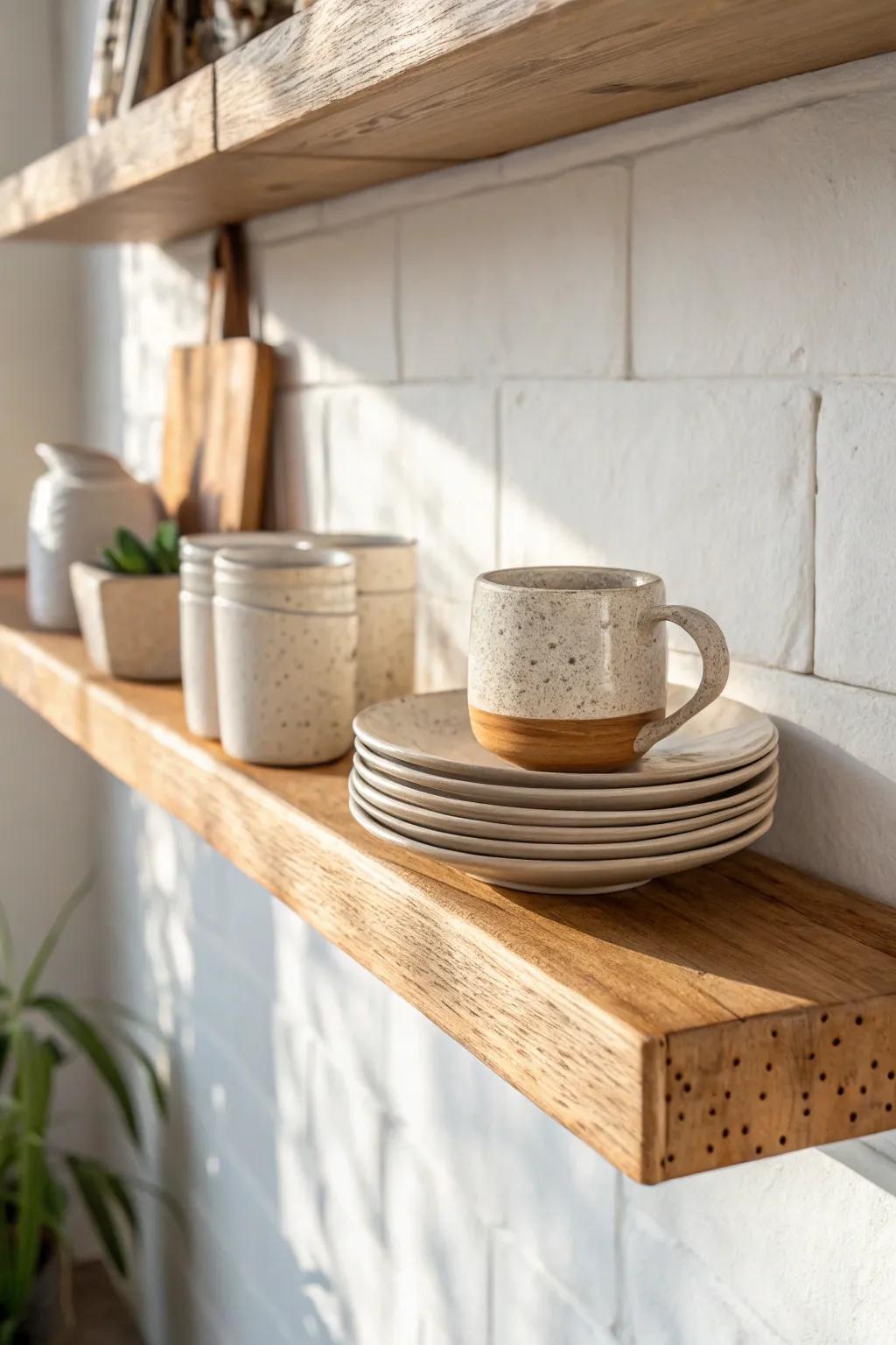 Open reclaimed-wood shelving keeps tiny kitchens airy—everyday dishes within easy reach.