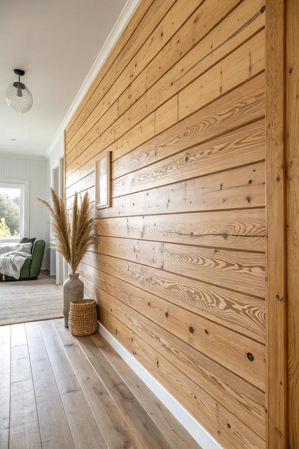 Classic horizontal tongue-and-groove wall, clear-coated for glowing grain and cozy cabin warmth.