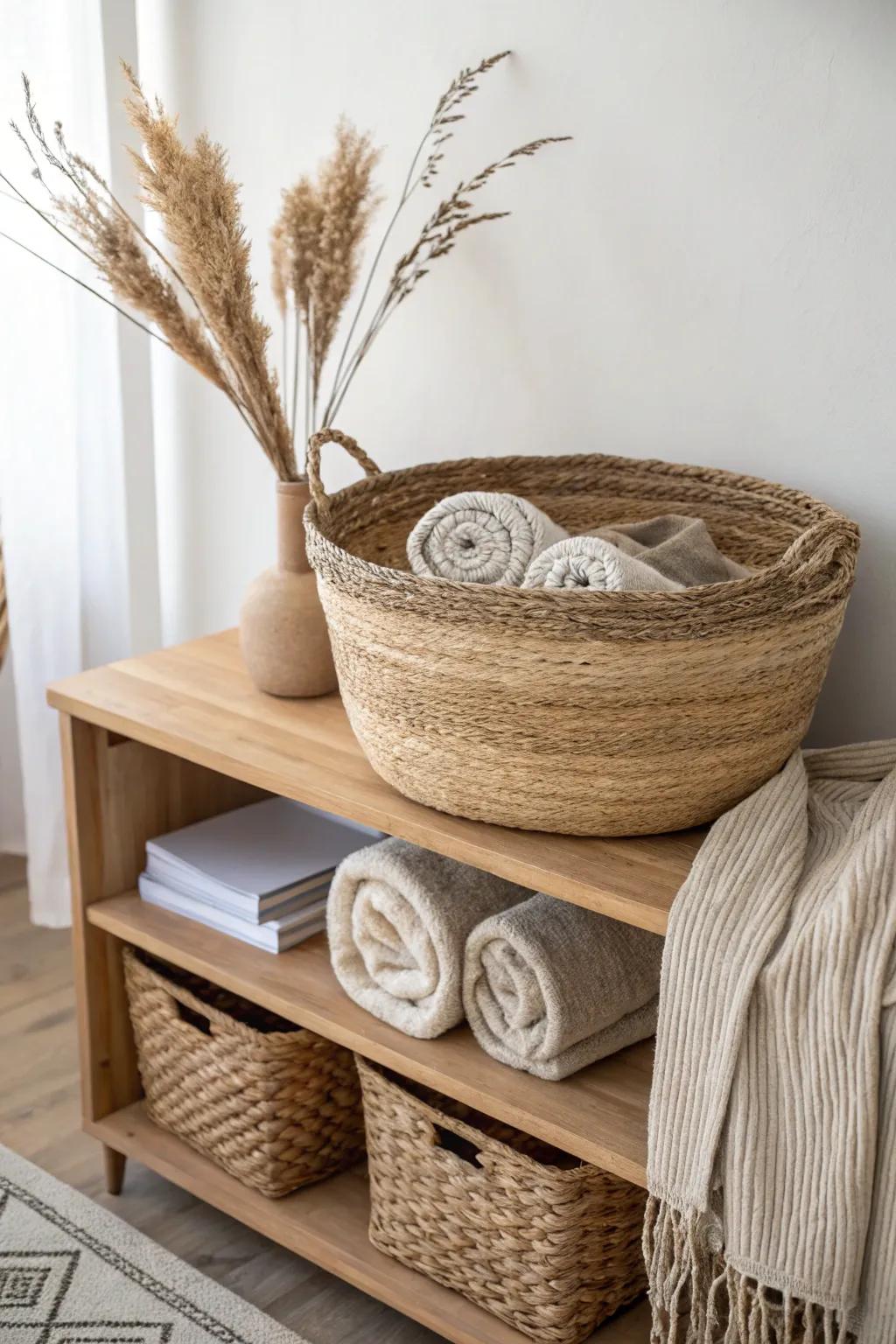 One oversized woven basket with rolled throws and dried stems for effortless bookshelf warmth.