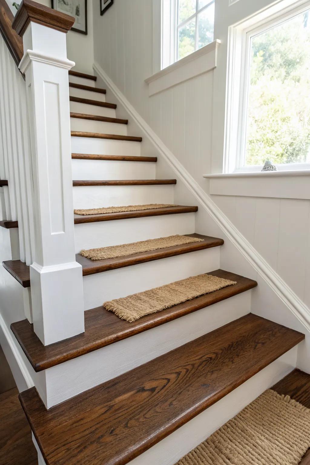 Dark wood treads with crisp white risers—classic contrast that feels bright, grand, and timeless.