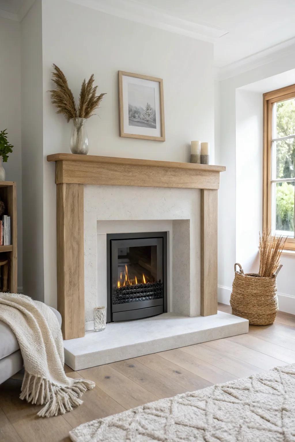 Crisp white surround meets a chunky oak mantel—modern lines with cozy, timeless warmth.