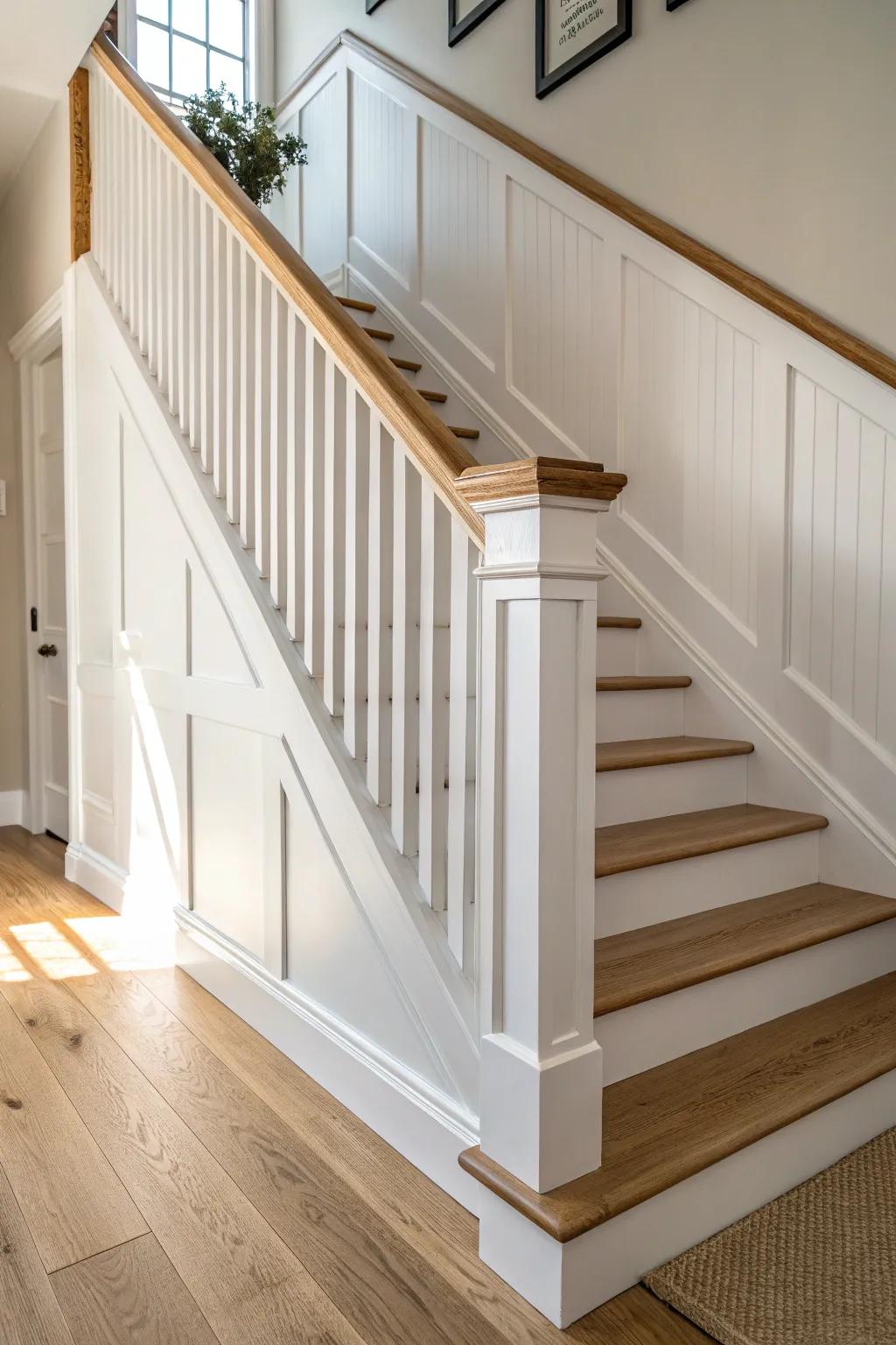 Classic board-and-batten trim run-up with oak cap—clean lines, big impact on stairs.