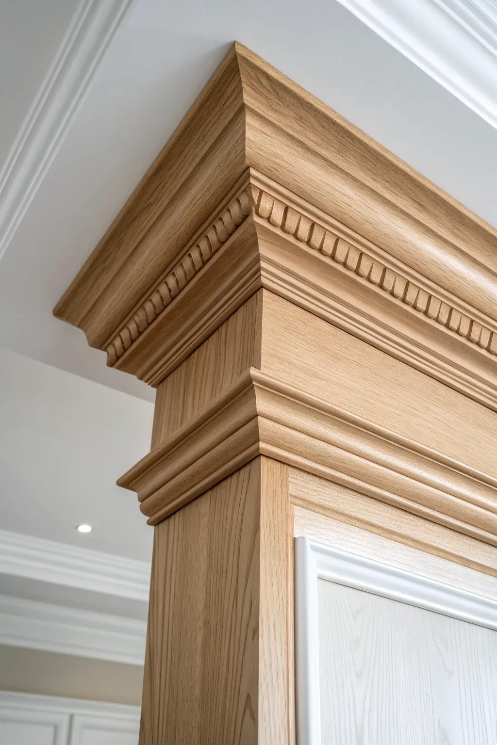 Layered crown molding in light oak—an easy classic upgrade that instantly elevates the ceiling.