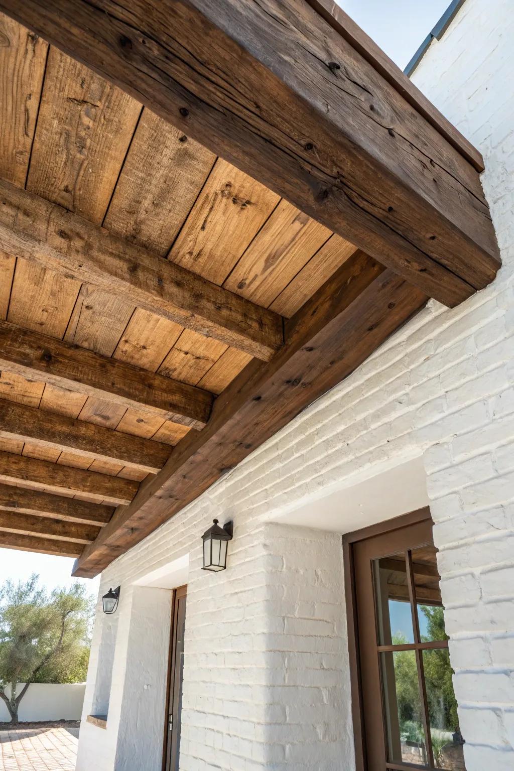 Reclaimed box beam with walnut stain—an instant Tuscan “old ceiling” look, minimalist and warm.