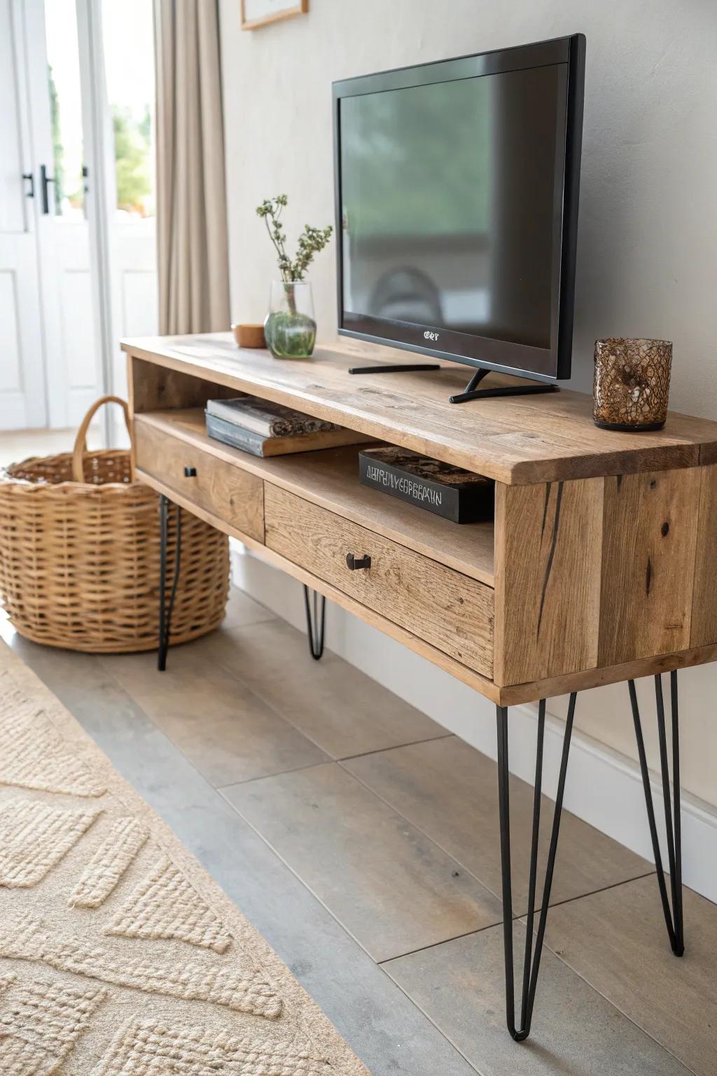 Slim reclaimed-wood console table: a clean TV stand alternative with space for baskets below.