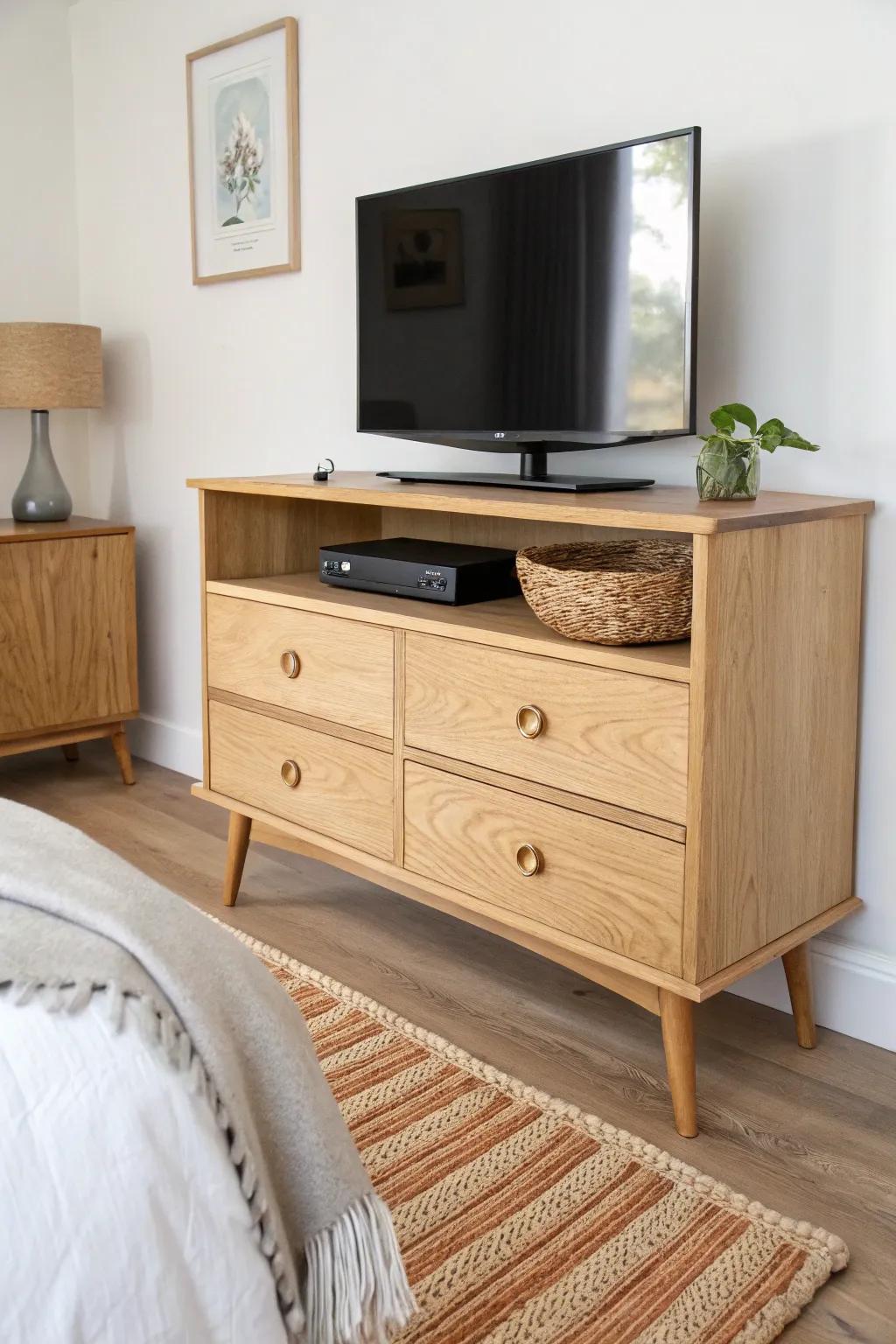 A sturdy wood dresser doubles as a chic bedroom TV stand—perfect height, hidden storage, tidy cables.