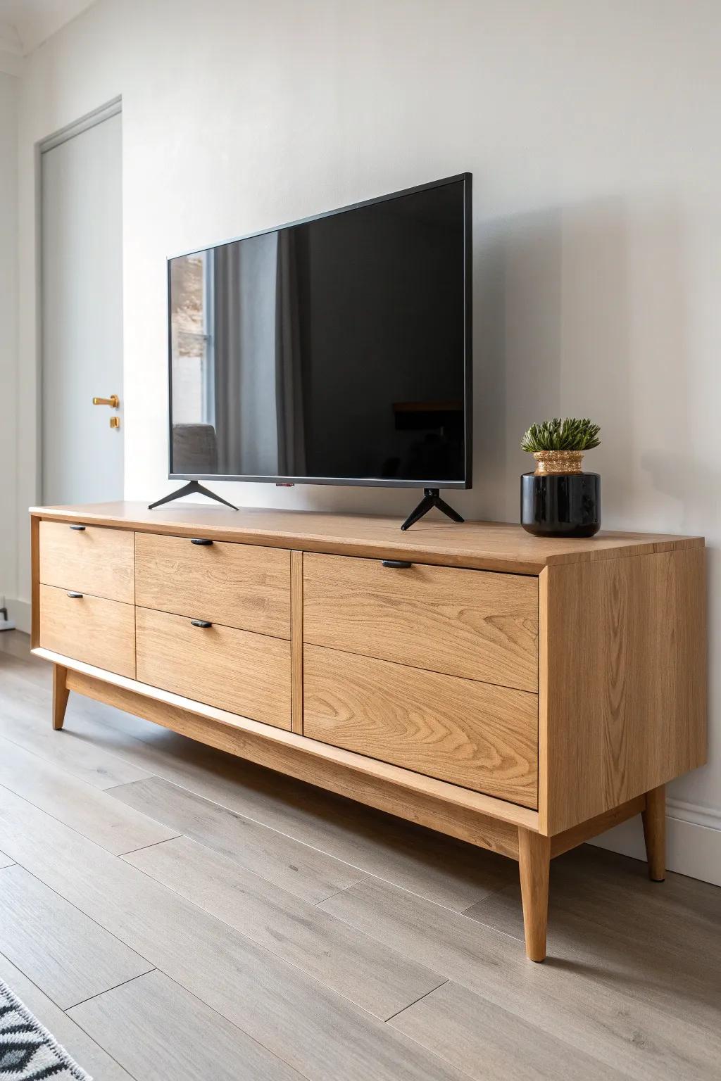 A classic low oak media console with drawers and doors—clean, calm, and beautifully crafted.