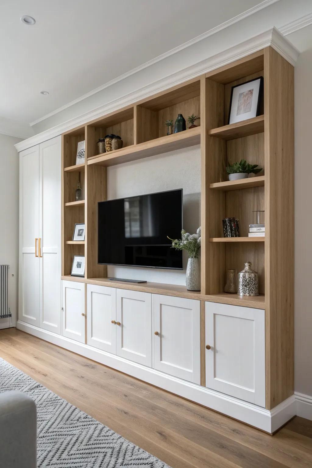 Classic built-in media wall in light oak and white—clean lines, cozy boho styling, timeless.