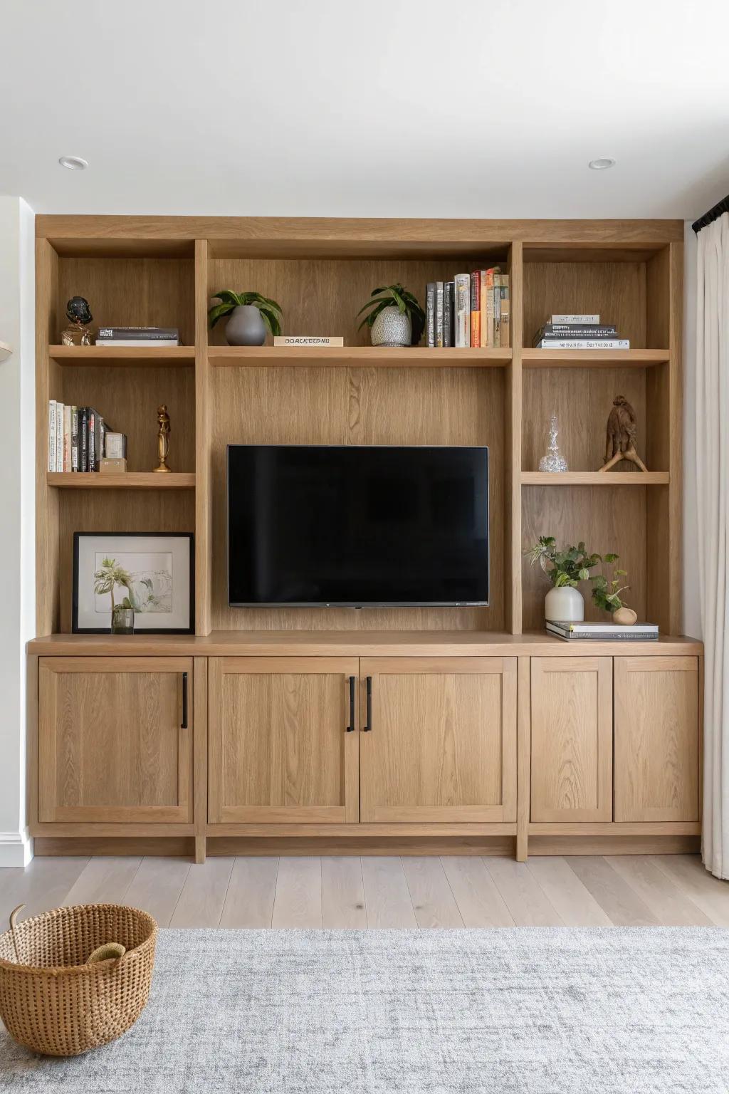 Classic built-in surround: warm oak cabinets and airy shelves frame the TV and hide clutter.