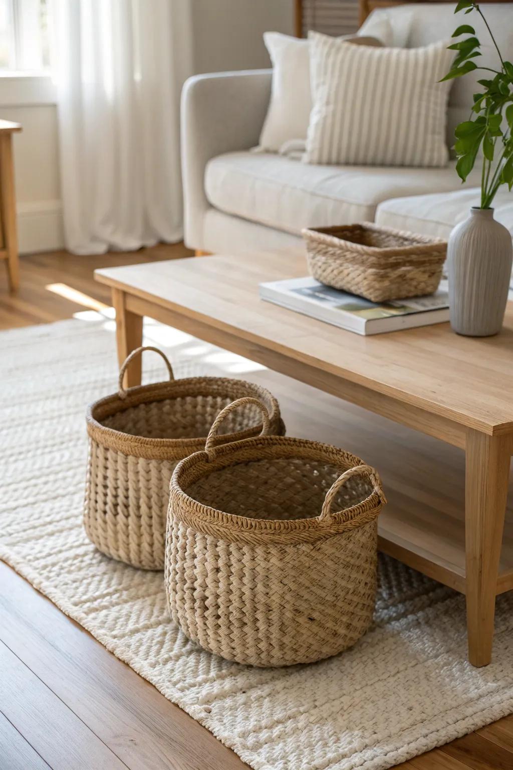Classic woven basket pair under the coffee table—pretty, practical storage in seconds.