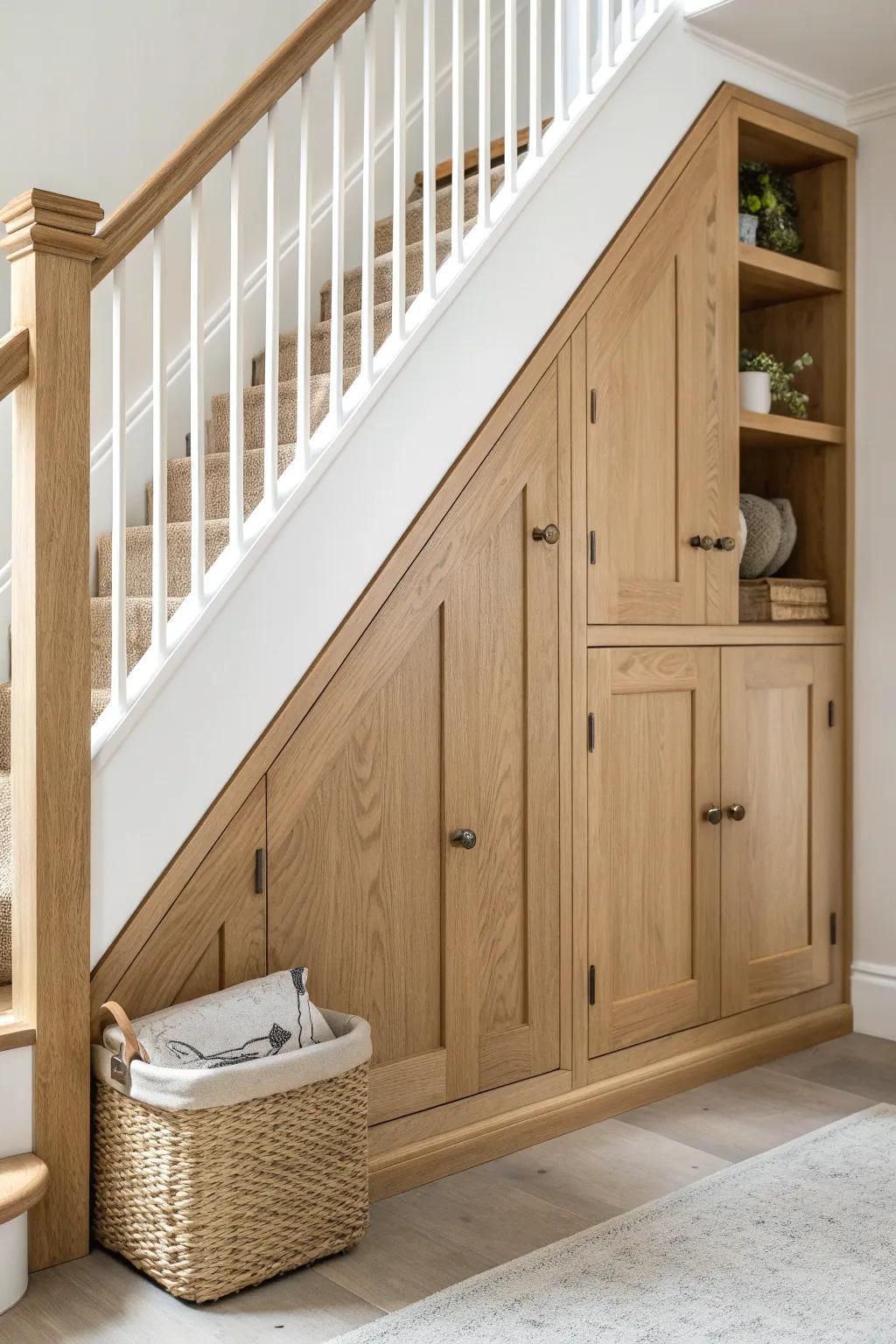 Shaker under-stair cabinets in warm oak—sleek storage that looks built-in from day one.