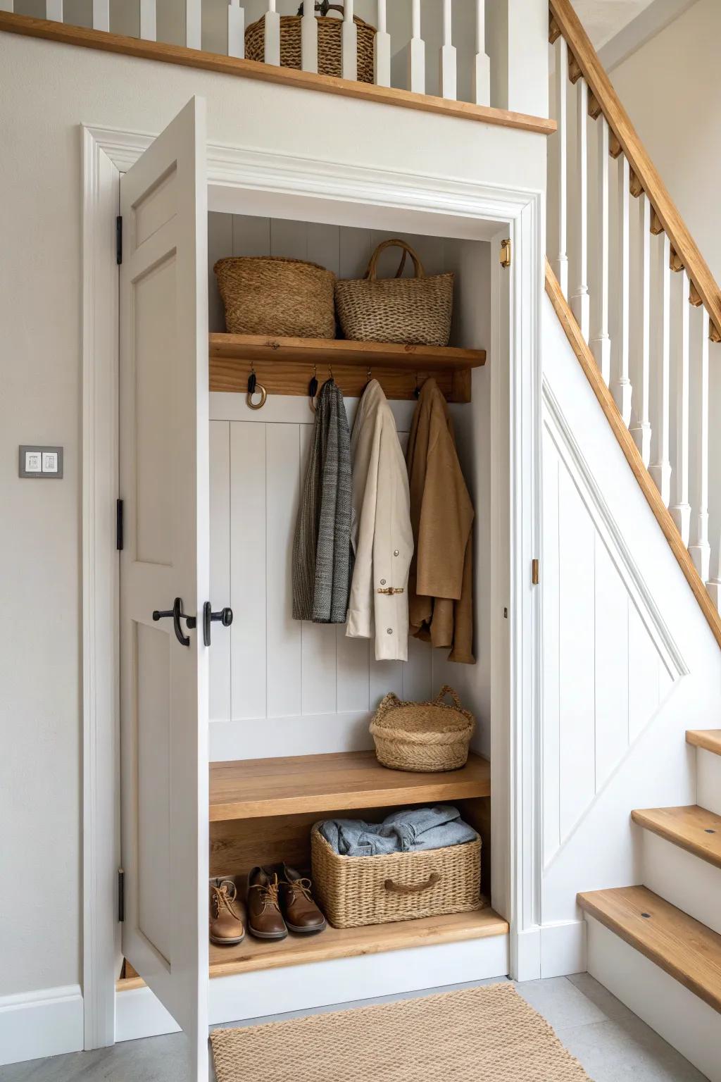 Classic under-stairs coat cupboard: rod, chunky hooks, and a slim shelf for tidy entry style.