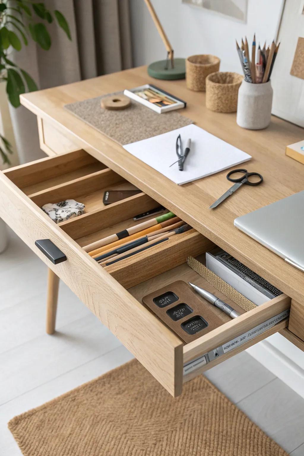 A slim under-table pencil drawer lined with cork—quiet, tidy storage for small tools.
