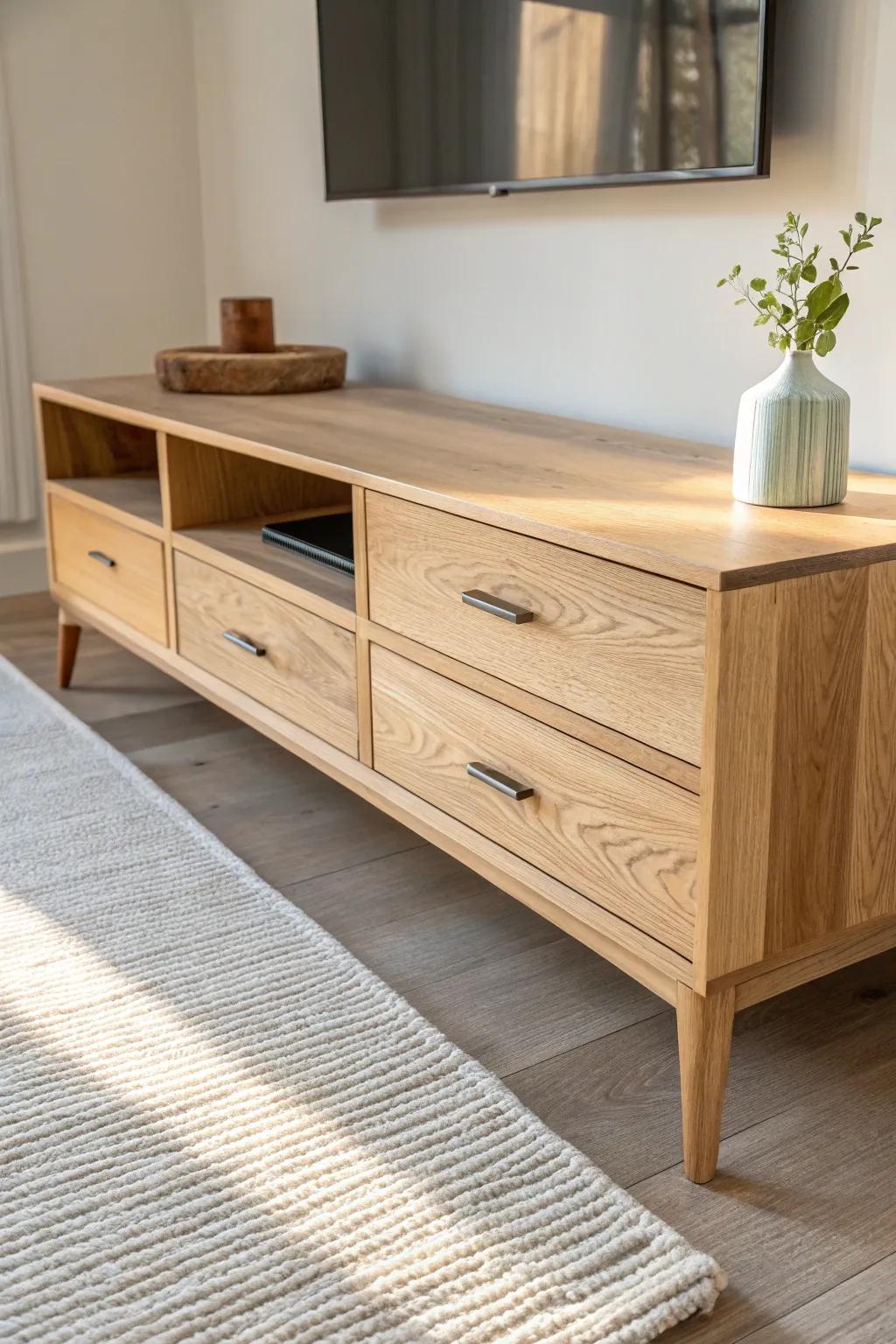 Low oak media console with deep drawers—minimal, warm, and perfect for hiding TV clutter.