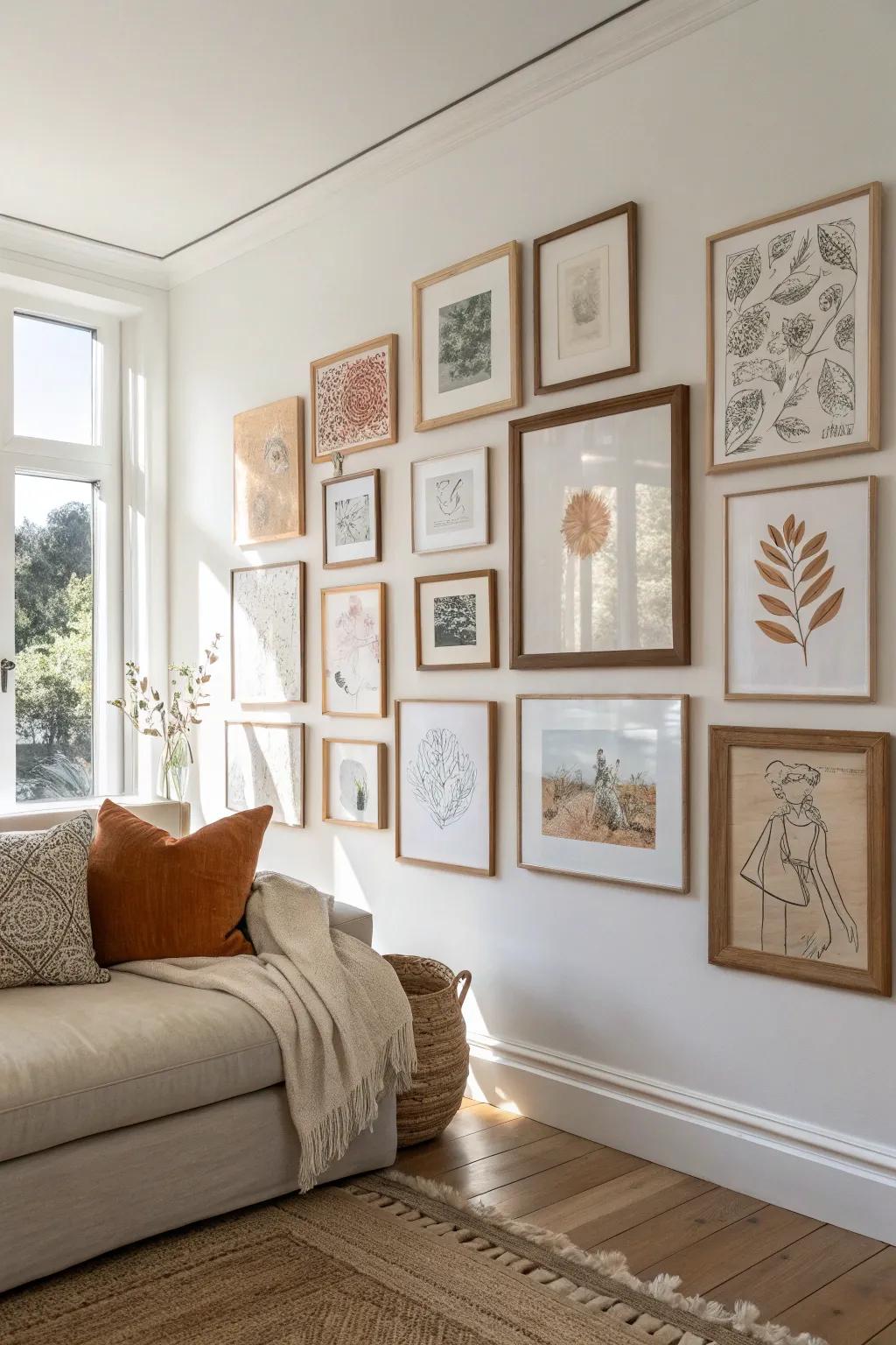 Mixed-size oak frames, one bold anchor piece—effortless gallery wall warmth with clean contrast.