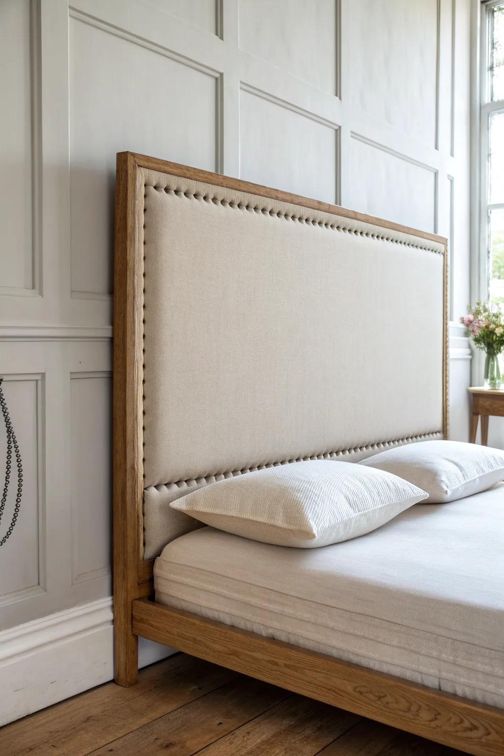 DIY upholstered panel headboard—clean Scandinavian lines, cozy linen texture, handmade polish.