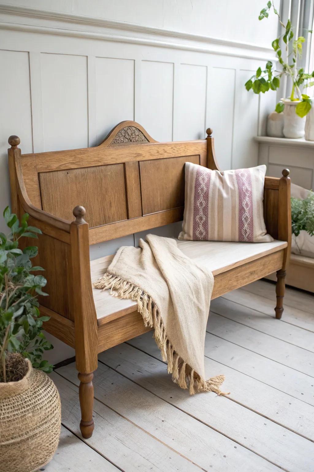 A classic headboard bench—curved wood backrest, clean joinery, and warm minimalist charm.