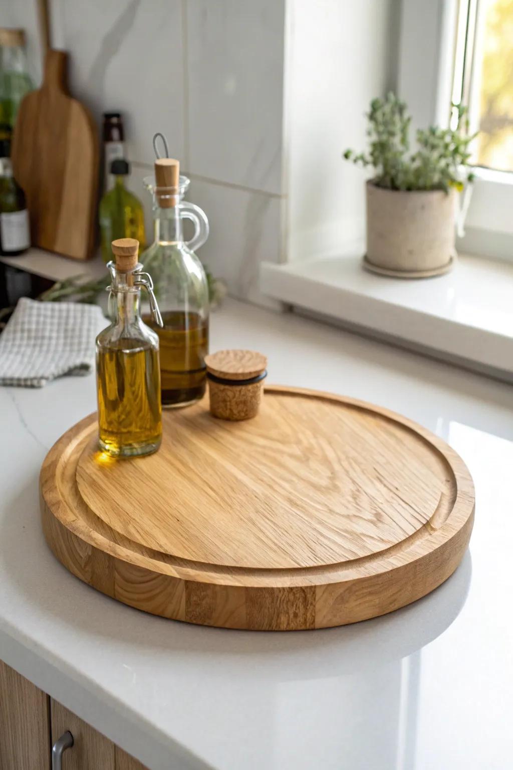A simple wooden lazy Susan brings oils and jars forward—corner-cabinet magic in one spin.