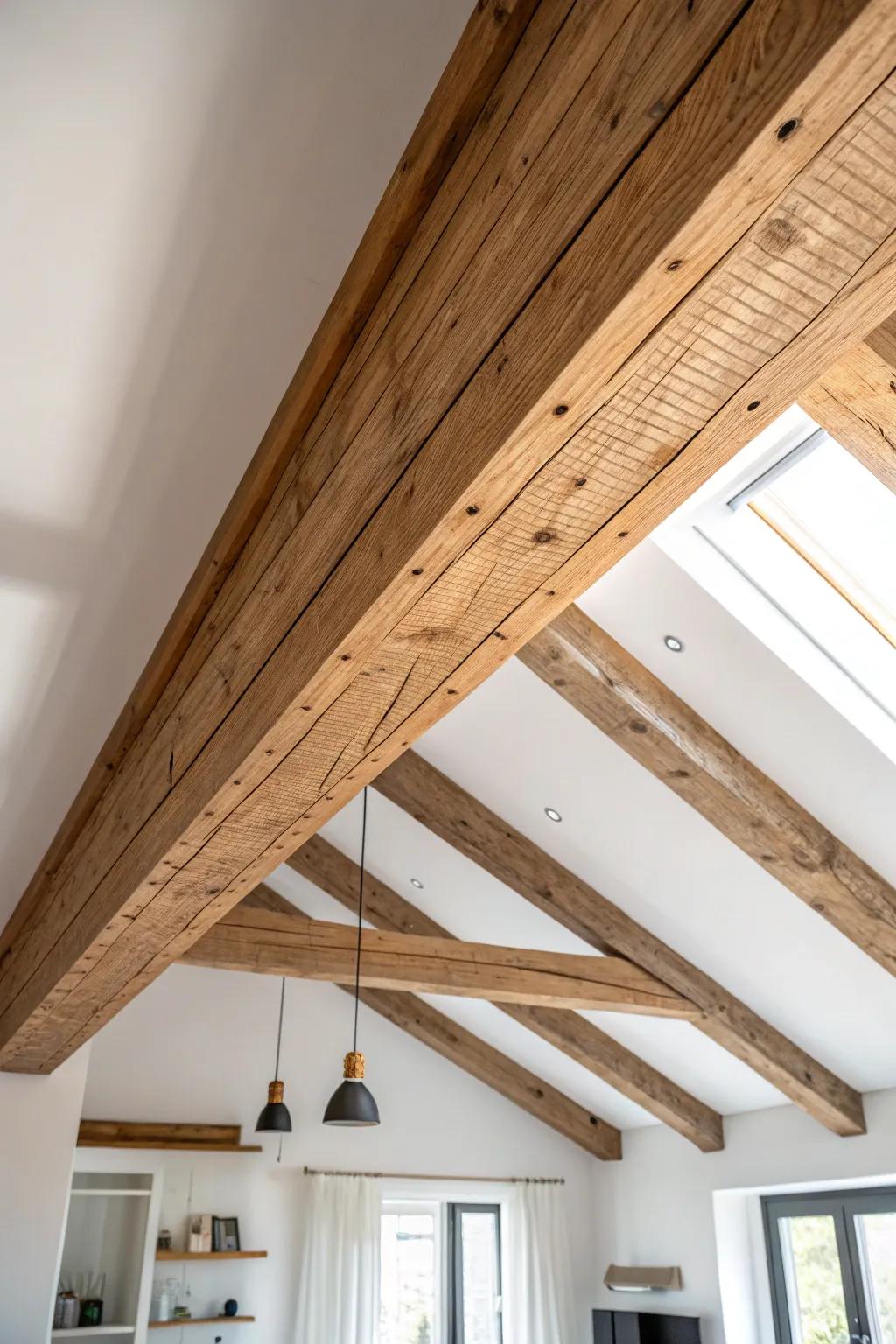 Let one warm, wire-brushed beam turn a vaulted loft from “construction” into charm.