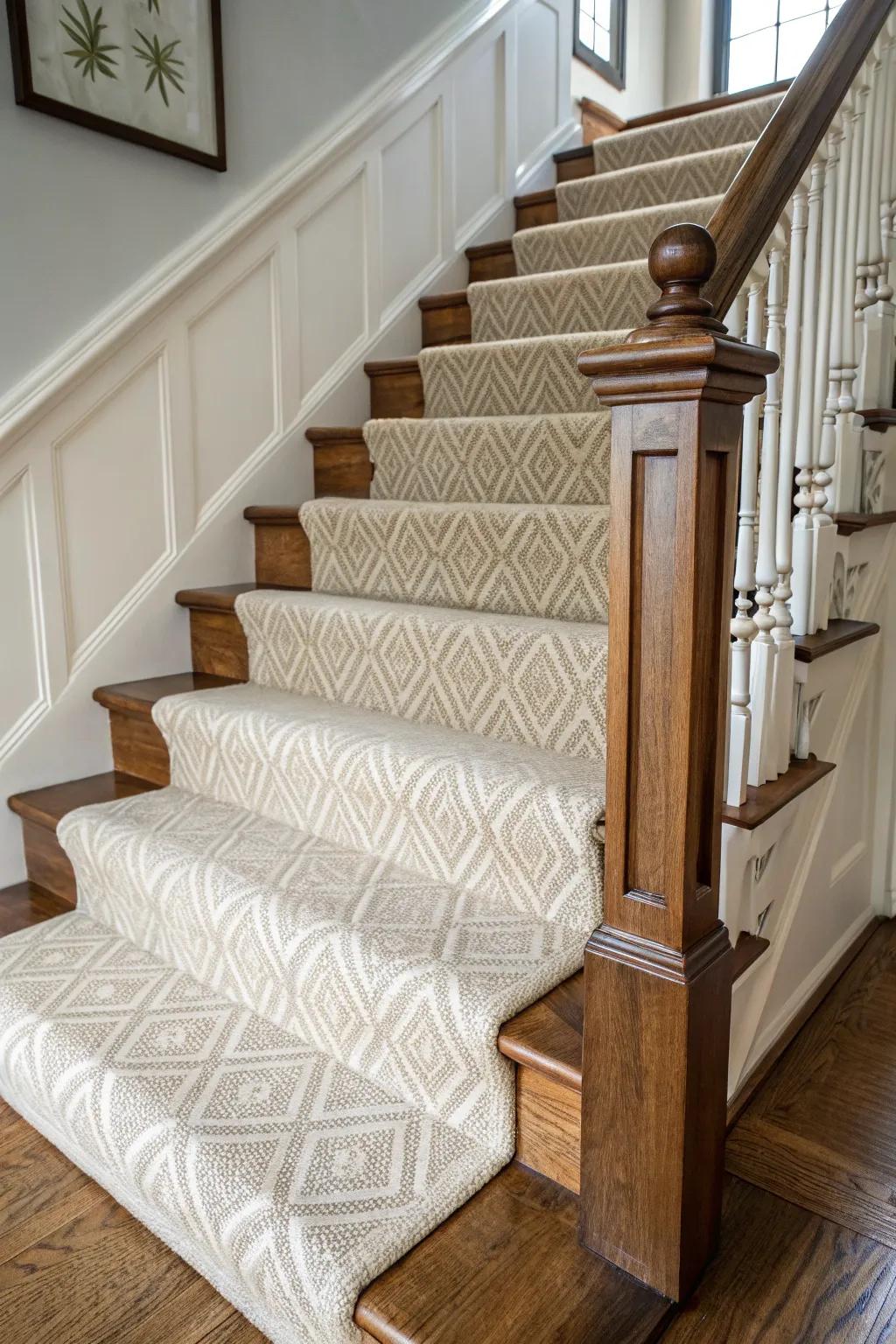 Light linen runner follows a Victorian stair curve, showing off balusters and warm woodwork.