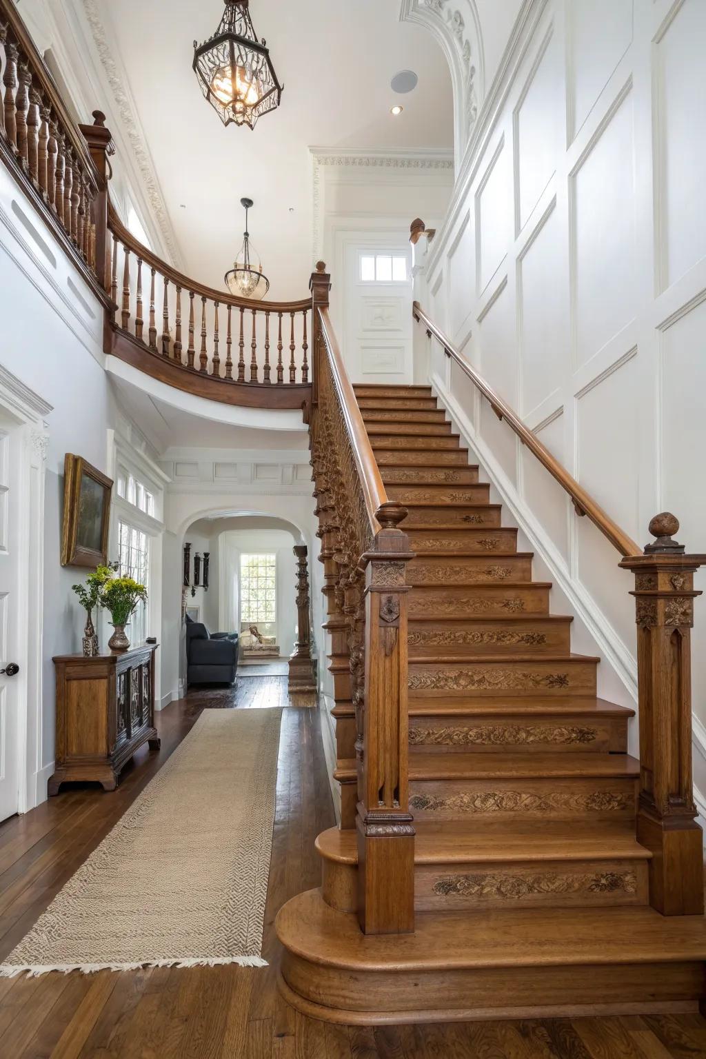 Make the staircase the star—refinished wood treads and a carved newel create instant foyer wow.